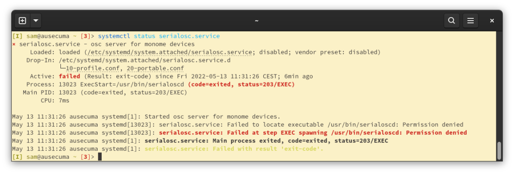 screenshot of terminal showing "Failed at step EXEC - permission denied"