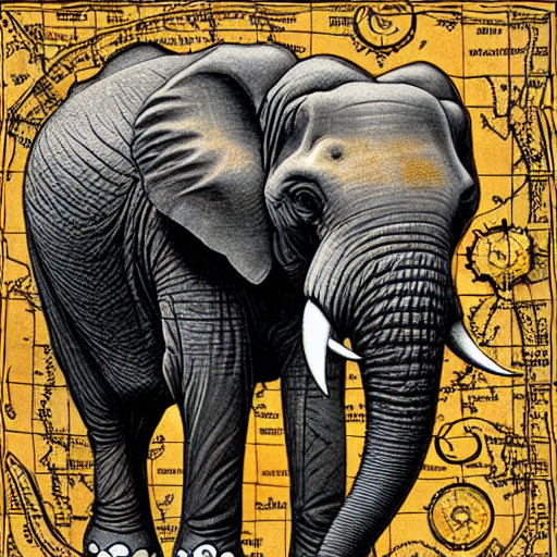 An elephant with a yellow map background