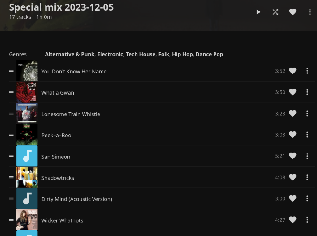 Screenshot of a Special Mix playlist